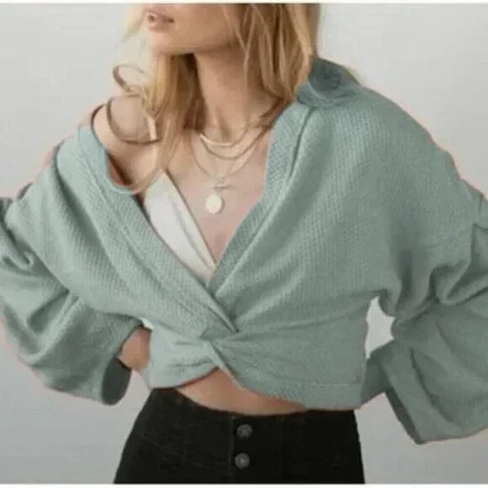 We The Free Womens Sage Green Waffle Knit Fall For You Twisted Top Large